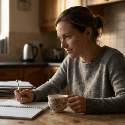 Woman journaling through divorce in recovery at her kitchen table