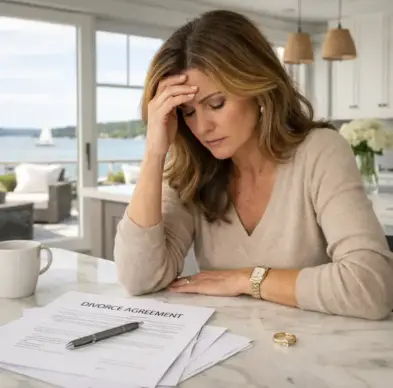 Woman overwhelmed by divorce paperwork before her strategy call