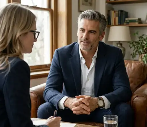 Susan Filan speaking with a man during a coaching session