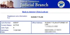 Susan F. Filan attorney registration with the Connecticut Judicial Branch