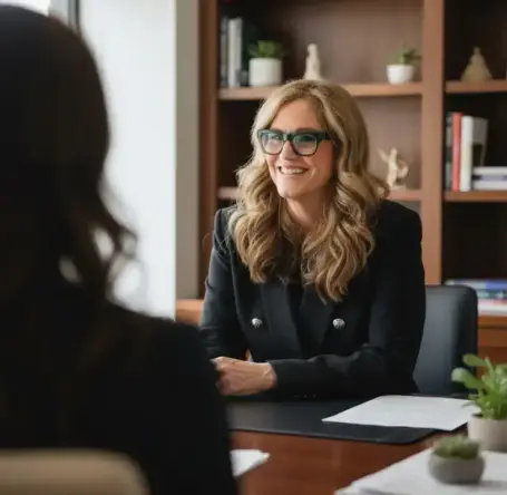Susan Filan speaking with a woman during a coaching session